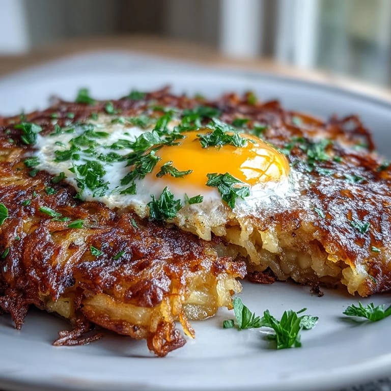Celeriac rösti with a perfectly runny fried egg and vibrant red harissa yogurt sauce on a white plate.