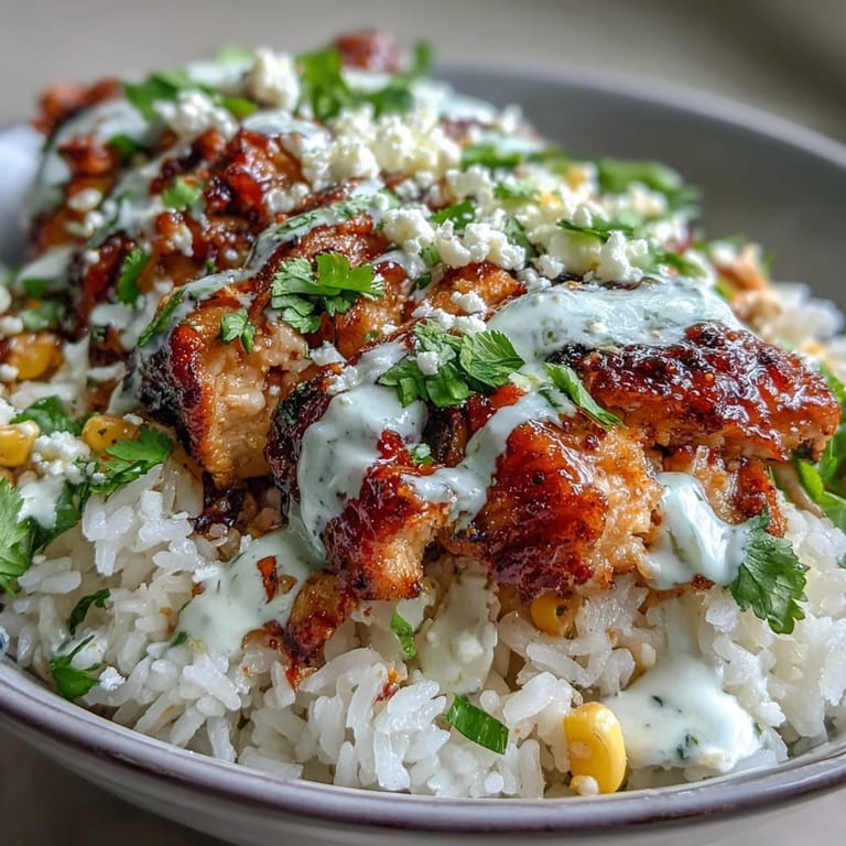 Fluffy white rice serves as the base for this Mexican-inspired Street Corn Chicken and Rice Bowl, topped with juicy grilled chicken and fresh cilantro.