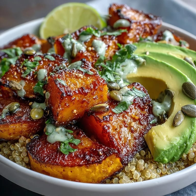 Roasted butternut squash cubes sit beside sliced steak in this vibrant Butternut Squash Steak Bowls dinner, topped with avocado and pepitas.