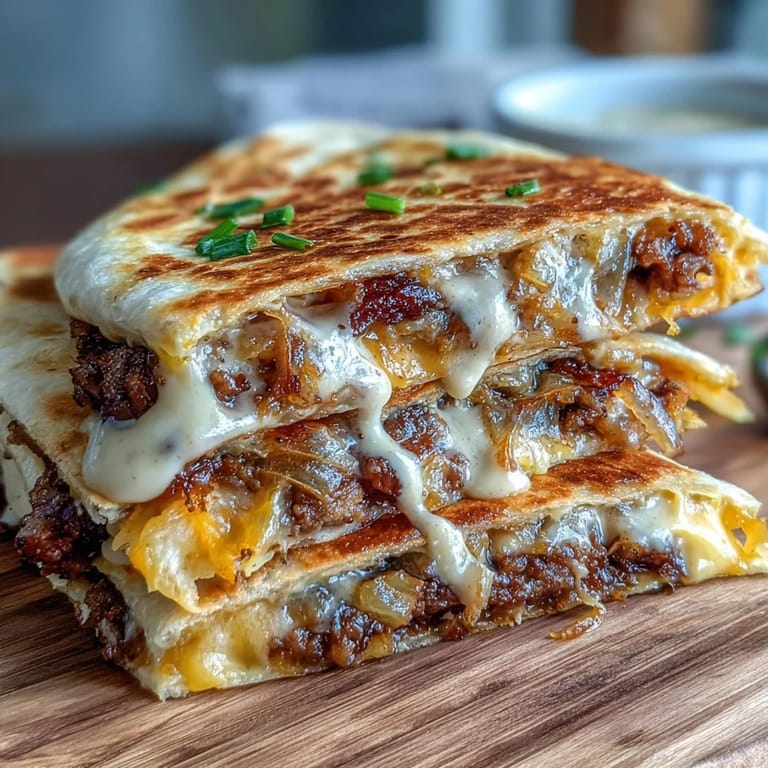A close-up of Cheesy Griddled Smashburger Quesadillas highlights crispy tortilla edges and a gooey cheese pull from the smashed beef and sharp cheddar.