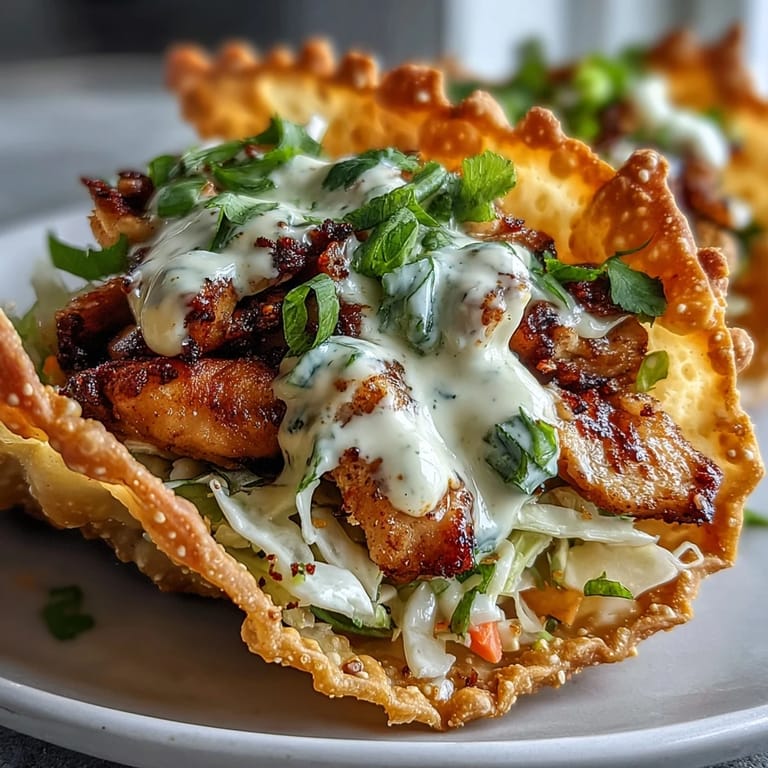Golden Crispy Chicken Wonton Tacos ready to serve, topped with shredded cabbage, carrots, and a zesty lime wedge for a fresh finish.