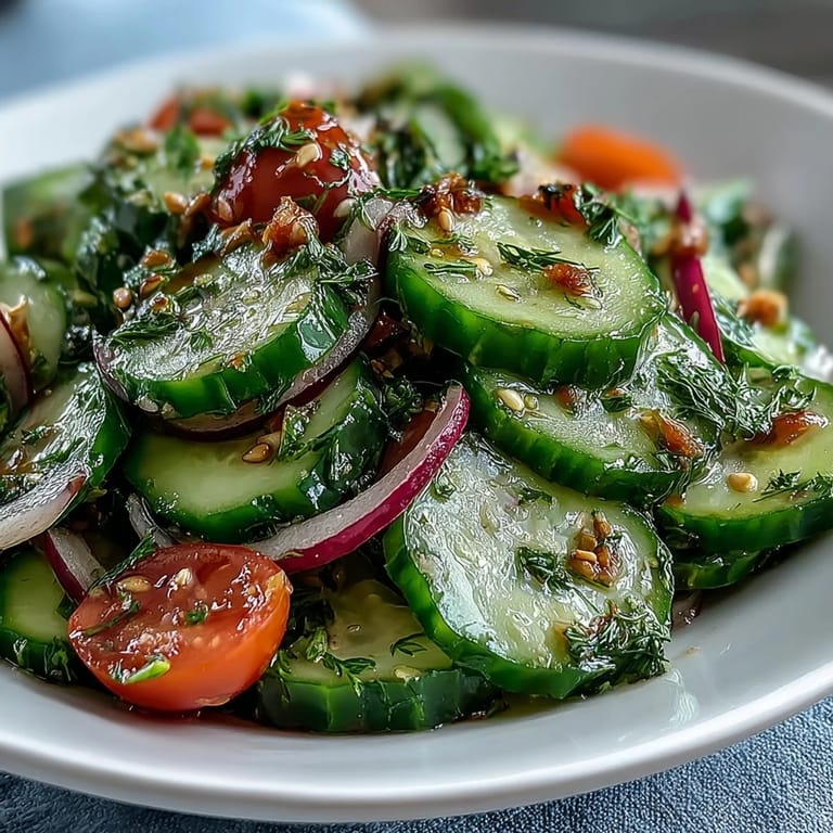 A refreshing crunchy cucumber salad served in a white bowl with herbs and tomatoes.