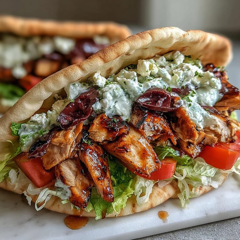 Mediterranean Chicken Gyros garnished with herbs and lemon wedges, served on a plate with extra sauce on the side.