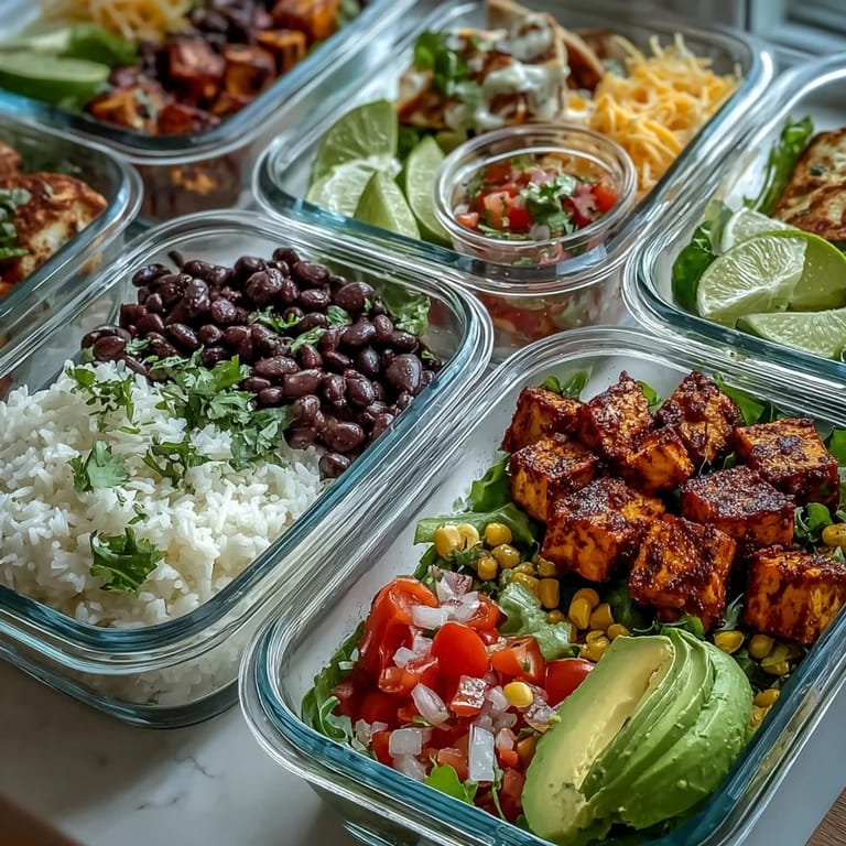 Colorful Meal Prep Burrito Bowl Base showing fresh diced bell peppers, corn, tomatoes, and cilantro toppings ready to serve.