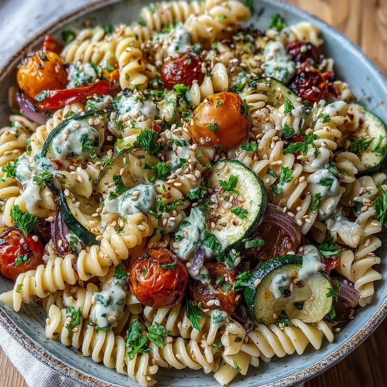 Two warm bowls of Chickpea Pasta Bowl topped with toasted sesame seeds, ready to serve.
