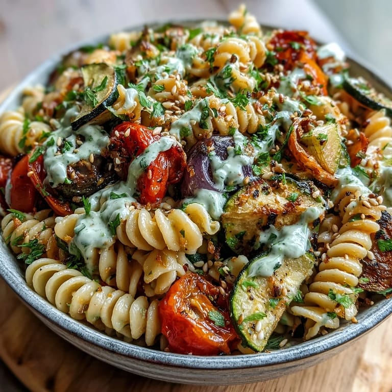 Close-up on a forkful of Chickpea Pasta Bowl featuring chickpea noodles and caramelized red peppers.