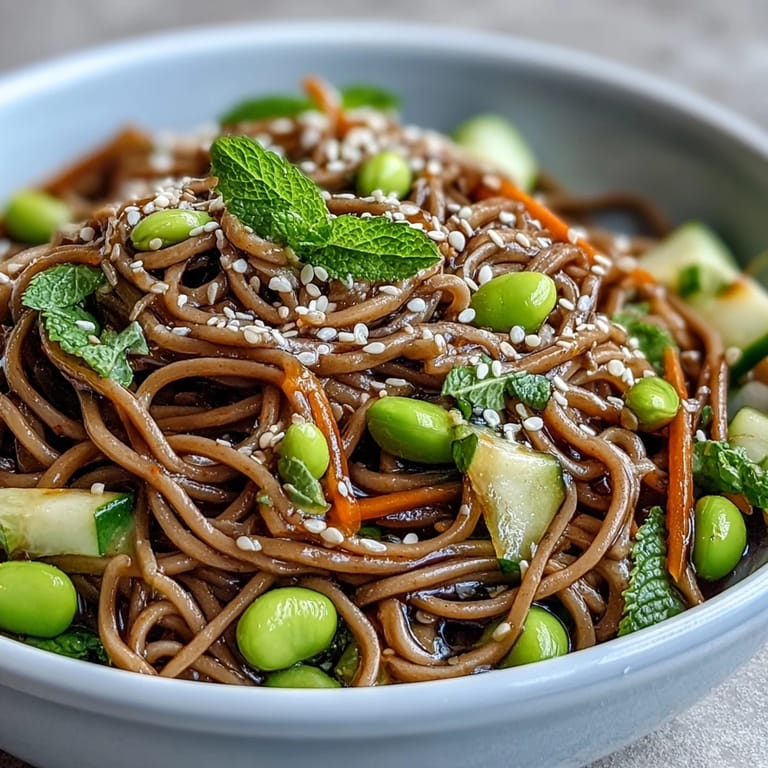Overhead view of a nutritious Soba Noodle Bowl with chewy buckwheat noodles and colorful crisp vegetables.