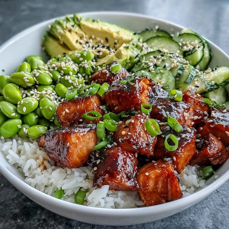 Perfectly cooked Salmon Rice Bowl served in a white bowl, featuring fresh green edamame and creamy avocado slices for a vibrant meal.