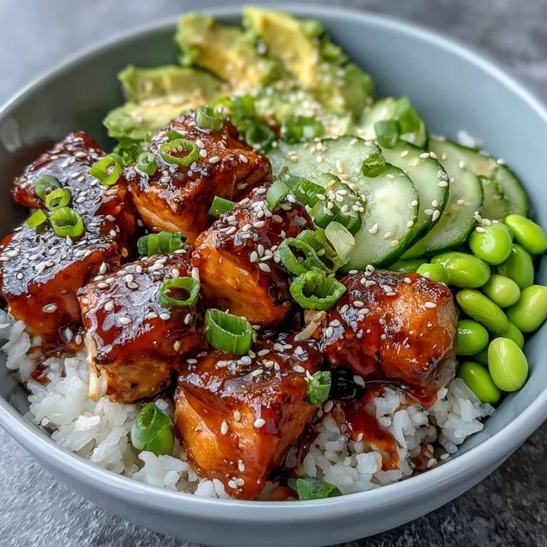 Healthy Salmon Rice Bowl recipe with baked salmon, jasmine rice, and colorful veggies, finished with a drizzle of spicy sriracha mayo.