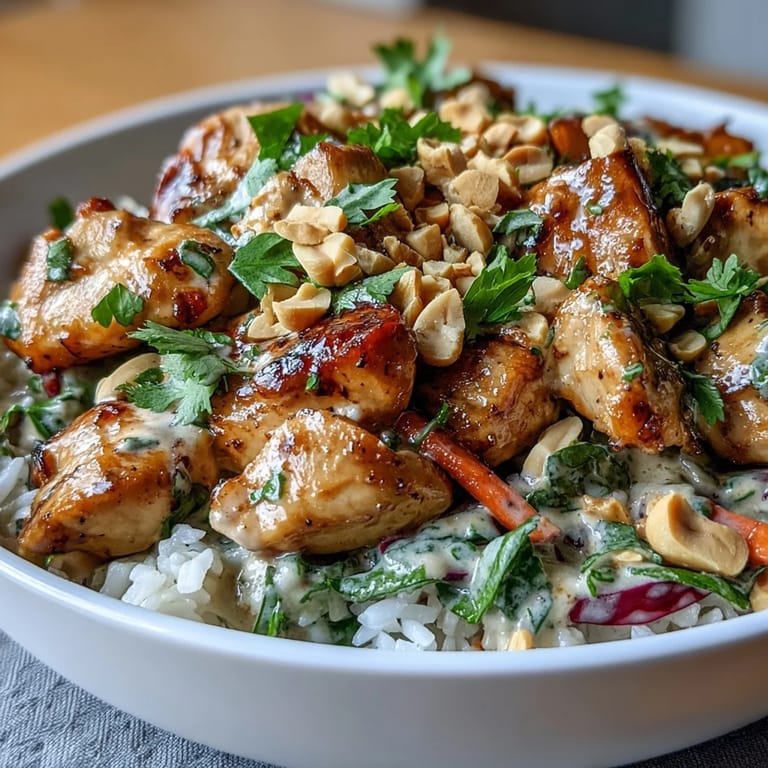 A protein-packed bowl with tender chicken, crunchy carrots, and Thai-inspired peanut sauce over coconut rice.