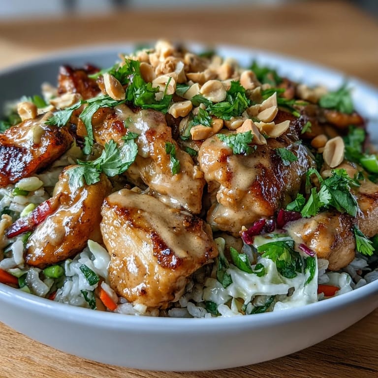 Flavorful Peanut Chicken Protein Bowl featuring golden chicken, crisp cabbage, and fresh cilantro on coconut rice.