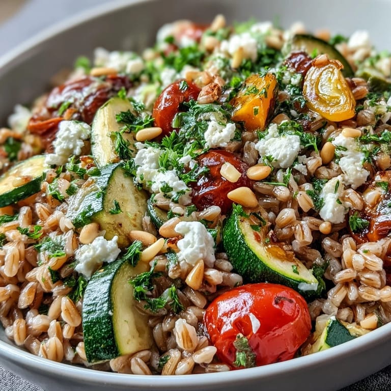 Wholesome Farro Pasta Bowl tossed with spinach, cherry tomatoes, and zesty lemon-olive oil dressing.