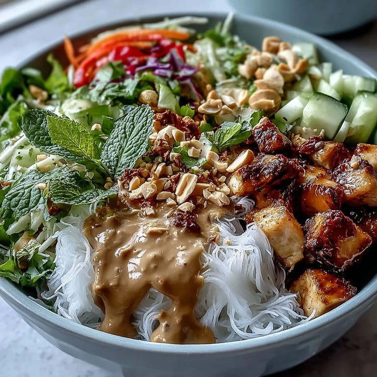 Overhead view of a fresh Rice Paper Roll Bowl topped with grilled chicken, mint leaves, chopped peanuts, and lime wedges on a wooden table.