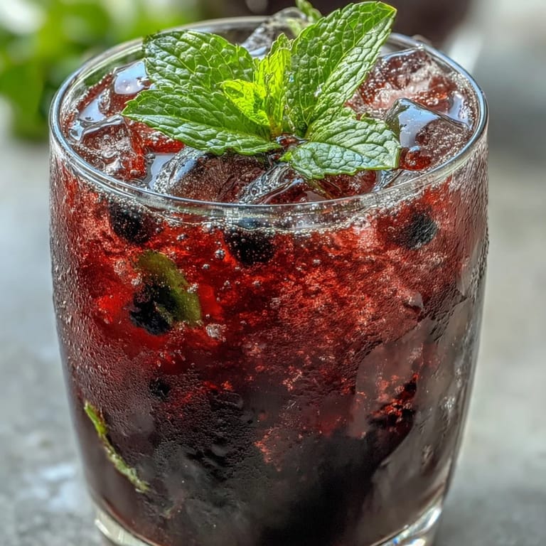 Vibrant Black Currant Mojito cocktail served with fresh mint and berries, capturing a refreshing, tangy beverage moment.