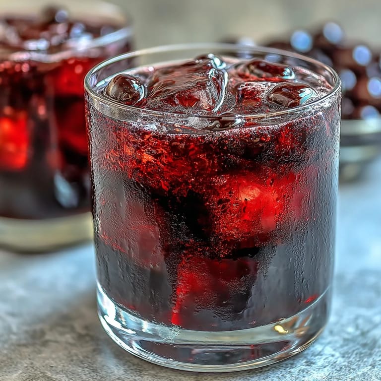 A glass tumbler filled with Black Currant Rum Liqueur over ice, garnished with fresh blackcurrants and a lemon twist for a vibrant cocktail presentation.