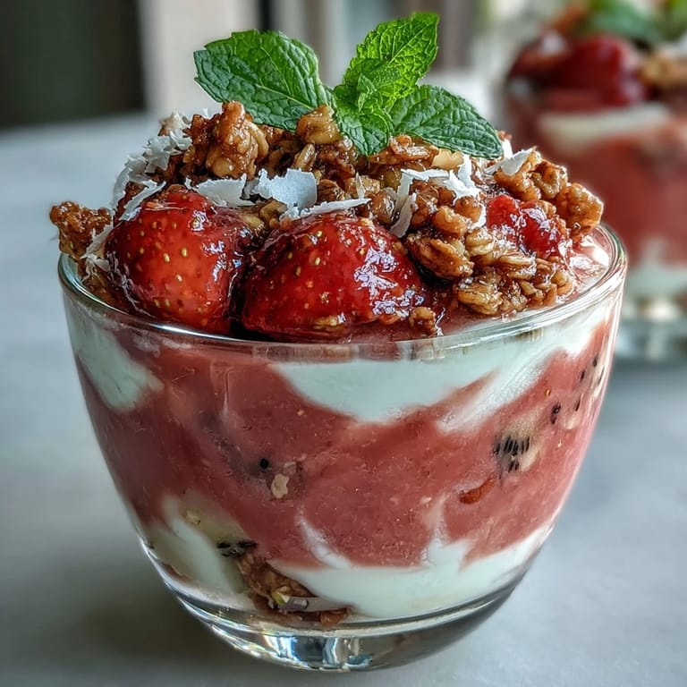 Top-down view of a colorful Guava-Flavored Yogurt Parfait in a jar, featuring Greek yogurt, guava preserves, fresh fruit, and granola layers.