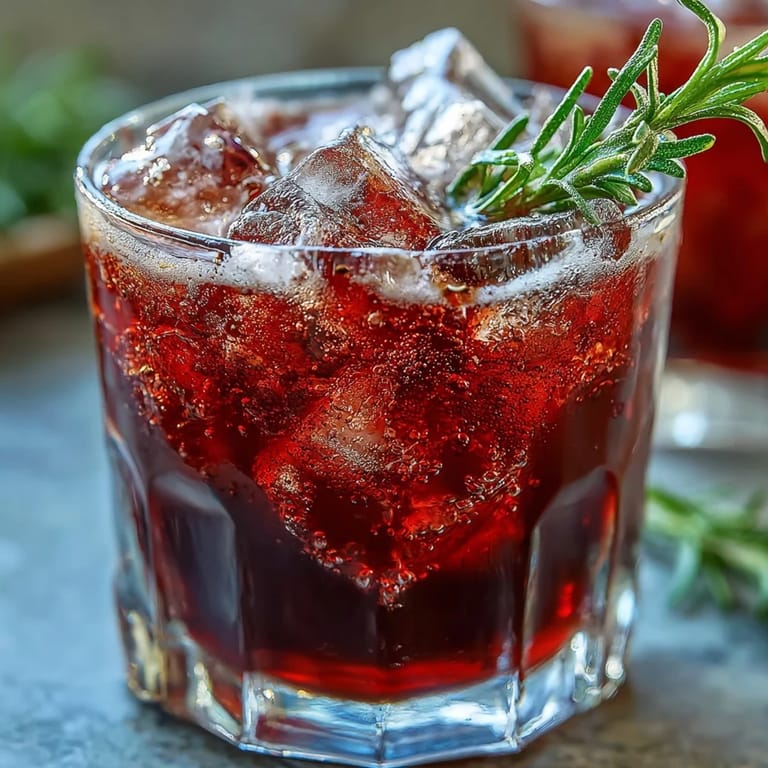 A vibrant Black Currant Rosemary Cocktail poured over clear ice cubes, garnished with fresh rosemary and black currants.