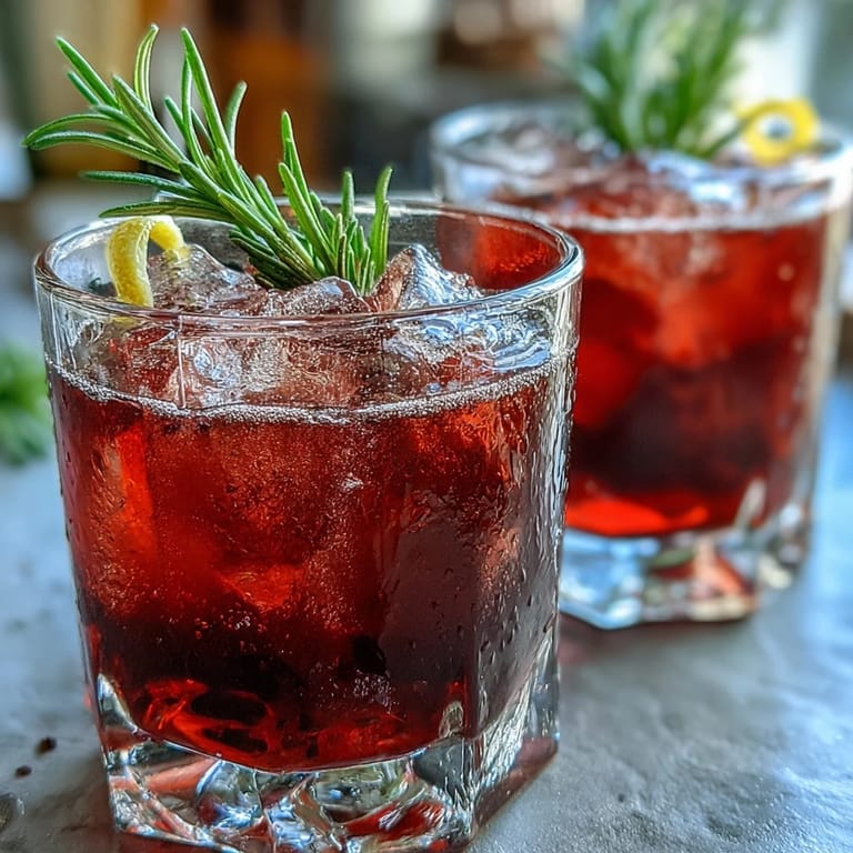 Chilled cocktail glass with a Black Currant Rosemary Cocktail, garnished with a lemon twist and fresh rosemary sprig.