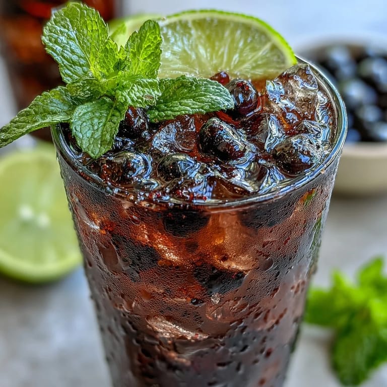 A chilled Black Currant Mojito recipe featuring muddled mint, lime wedges, and vibrant black currant jam stirred into white rum and soda water.