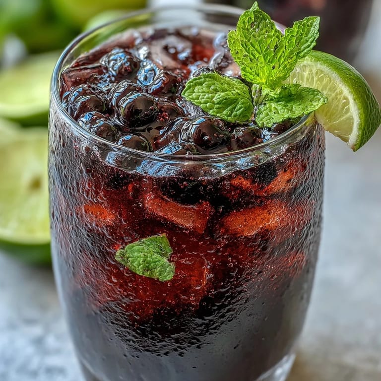 Close-up of a Black Currant Mojito in a highball glass, showcasing fizzy soda water, fresh black currants, and aromatic mint over ice.