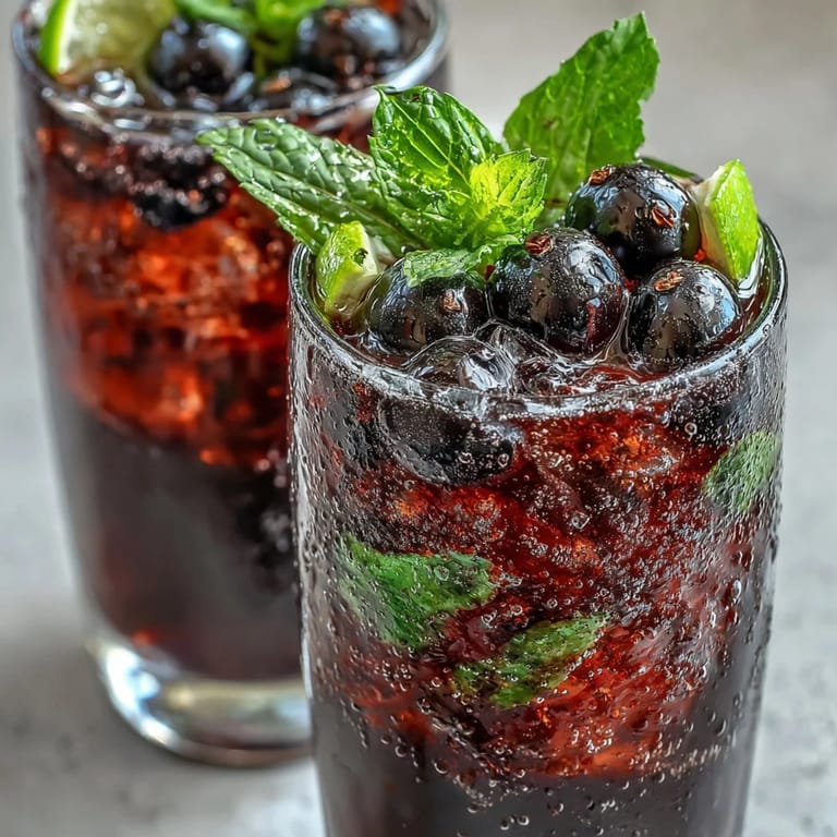 A vibrant Tangy Blackcurrant Mojito in a highball glass garnished with mint sprigs, lime, and fresh blackcurrant berries.