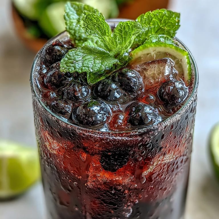 Chilled Tangy Blackcurrant Mojito with soda water, white rum, and ice cubes served with extra mint and fruit garnish.