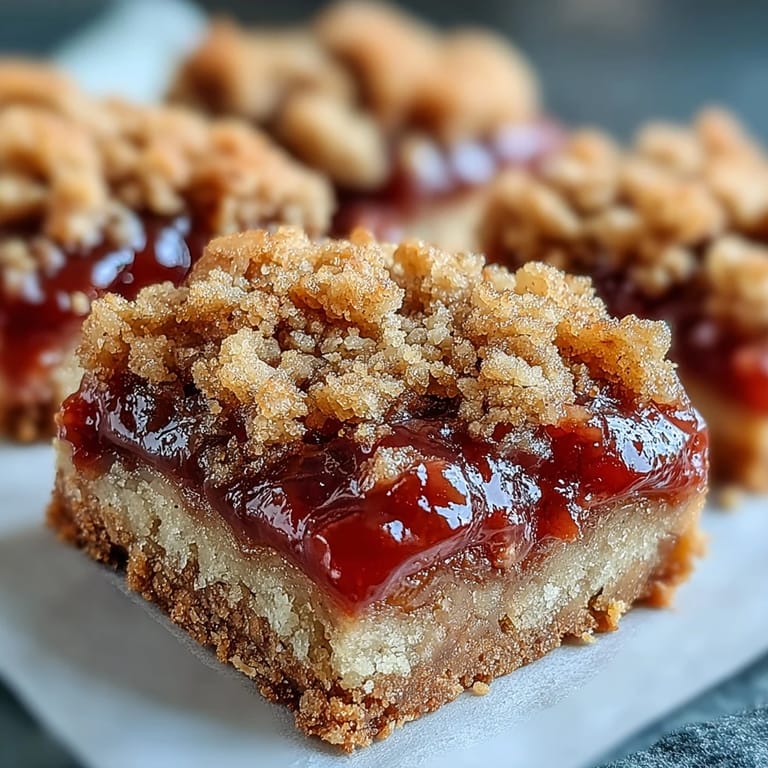 A close-up of Guava Jam Bars highlights the crumbly buttery texture, revealing a generous layer of sweet guava jam in the center.