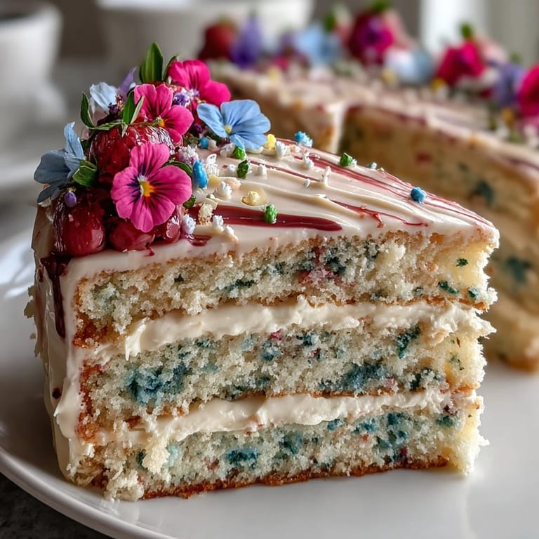 Bright and cheerful mini layer cakes featuring vanilla and lemon, topped with creamy buttercream and colorful edible spring flowers for a festive birthday treat.