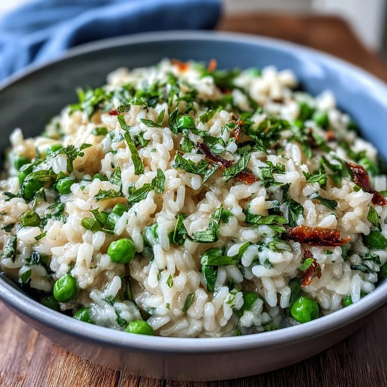 Aromatic mint and Parmesan risotto with tender peas, served in a white bowl for an elegant dinner party centerpiece.  