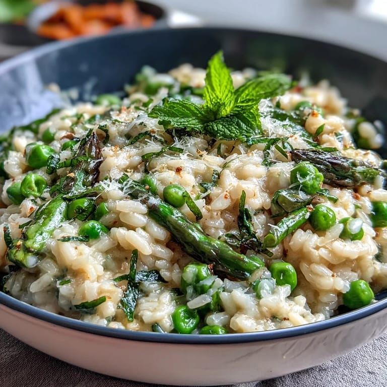 Spring pea and mint risotto, rich with Parmesan and butter, garnished with fresh mint for a refreshing, seasonal meal.
