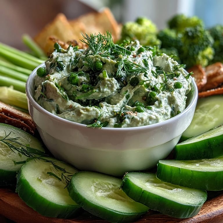 This easy green snack board features crunchy snap peas, sliced cucumber, and a zesty avocado ranch dip for a refreshing appetizer.