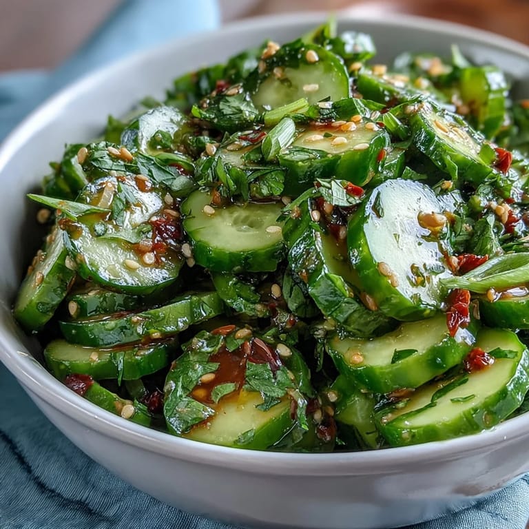 Crisp cucumber slices in a tangy sesame and rice vinegar dressing, garnished with green onions and red pepper flakes.