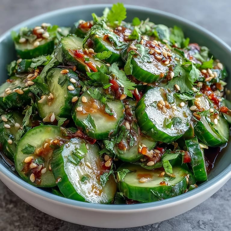 Refreshing Asian cucumber salad with sesame and rice vinegar, served chilled as a perfect vegan side dish.