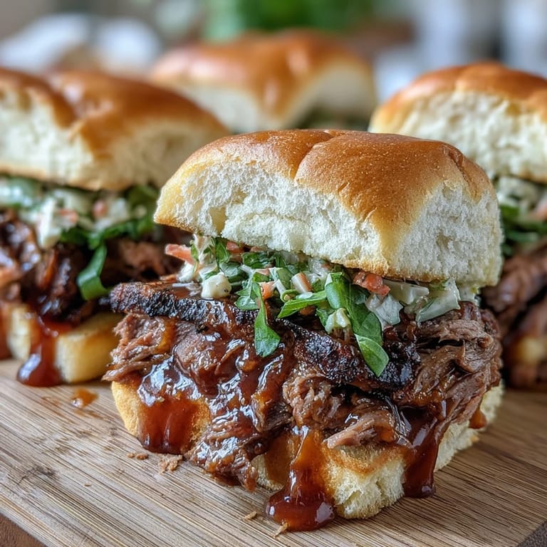 2. Juicy, slow-cooked brisket sliders with rich BBQ glaze, served on warm buns with crisp, refreshing coleslaw for the perfect party bite.  