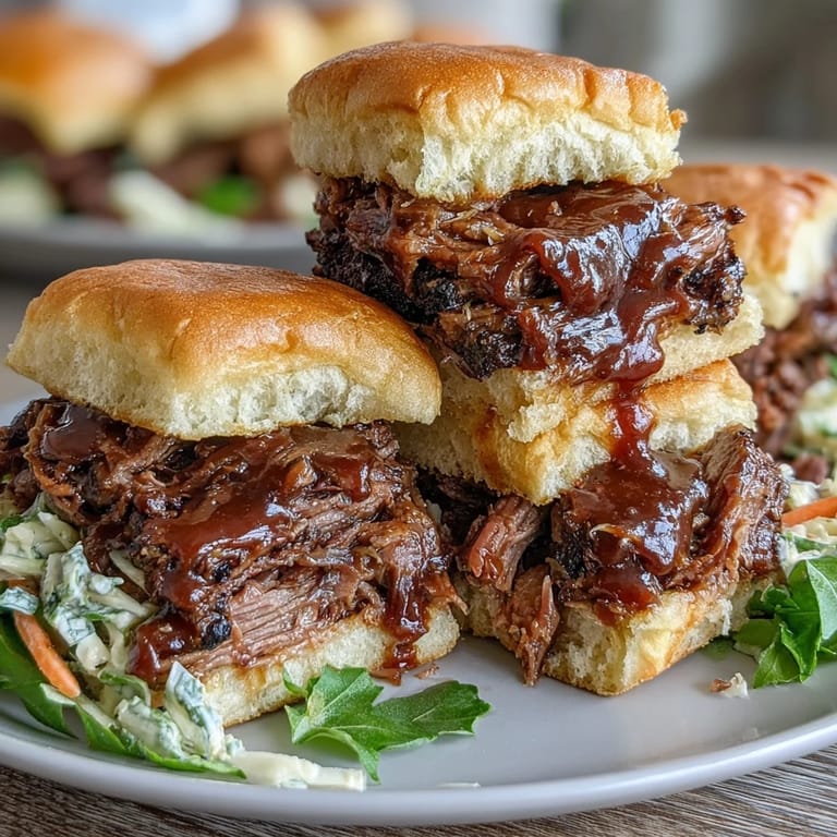3. Smoky BBQ brisket sliders, stacked with saucy meat and creamy slaw on fluffy buns—ideal for sharing at baby showers or casual gatherings.