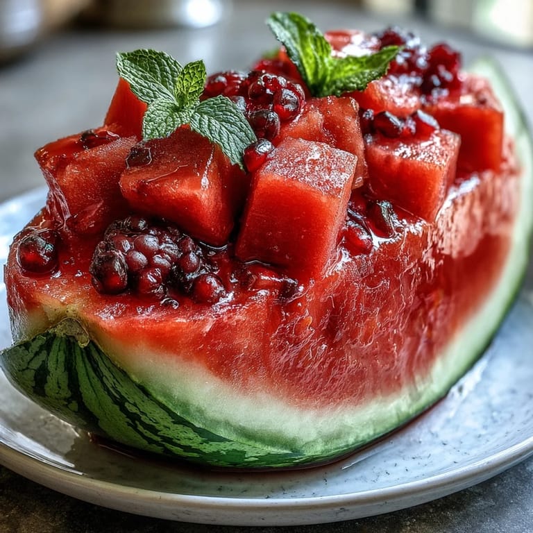 Elegant watermelon fruit boat filled with berries, mint, and lime slices—ideal centerpiece for festive occasions.