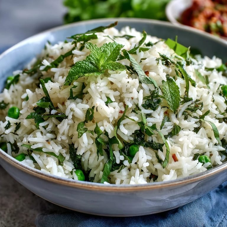 Fragrant rice pilaf with sweet spring peas, fresh mint, and parsley, perfect as a colorful side dish.