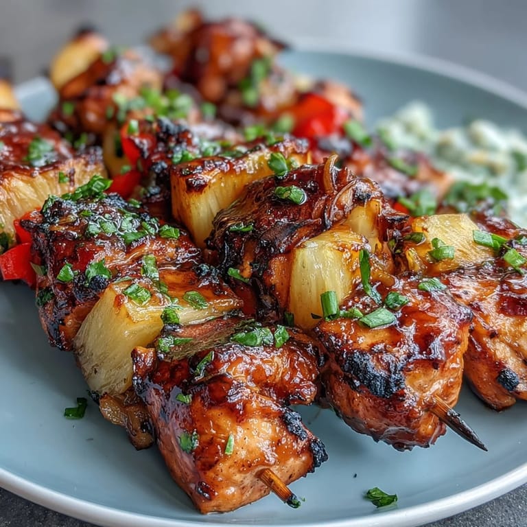 Vibrant Grilled Pineapple Chicken Skewers featuring smoky chicken, sweet pineapple, and colorful veggies on a skewer.  