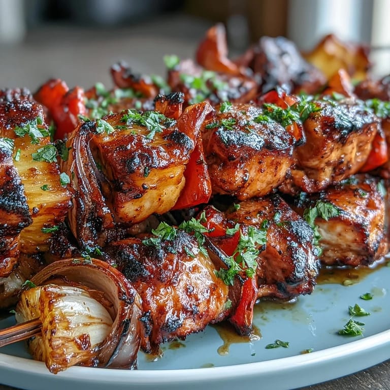 Delicious Grilled Pineapple Chicken Skewers with tropical marinade, ideal for backyard barbecues and family gatherings.