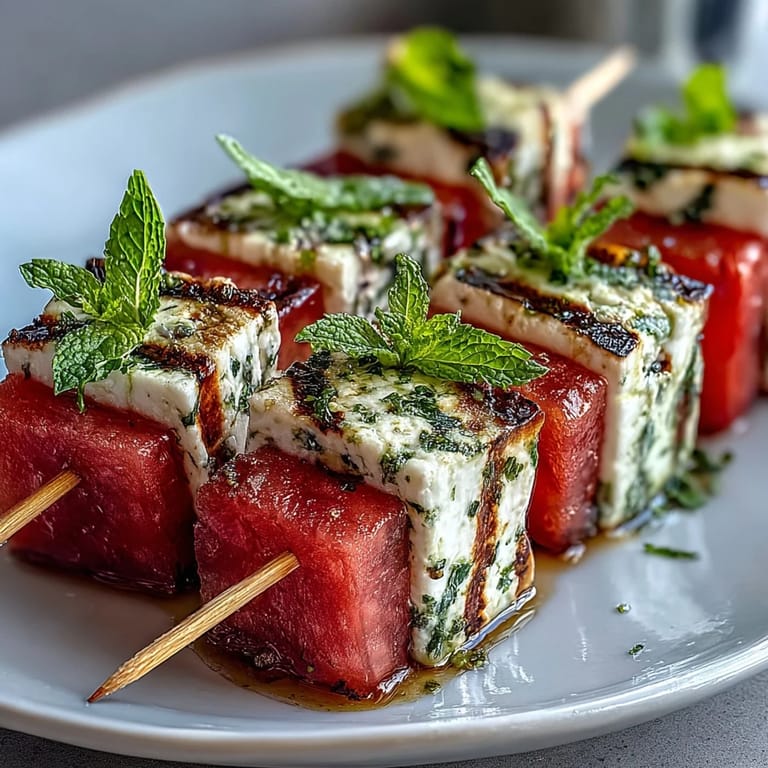 Colorful watermelon feta mint skewers drizzled with olive oil, offering a vibrant and healthy Mediterranean party snack.