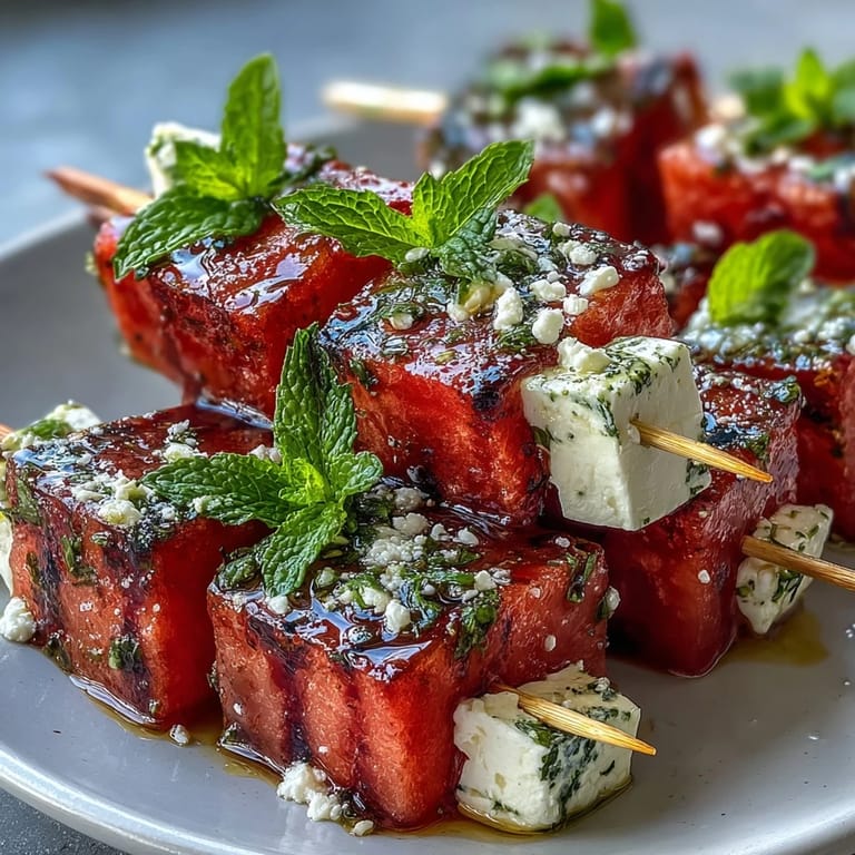 Sweet watermelon paired with tangy feta and fragrant mint on skewers, a perfect light and easy vegetarian appetizer.