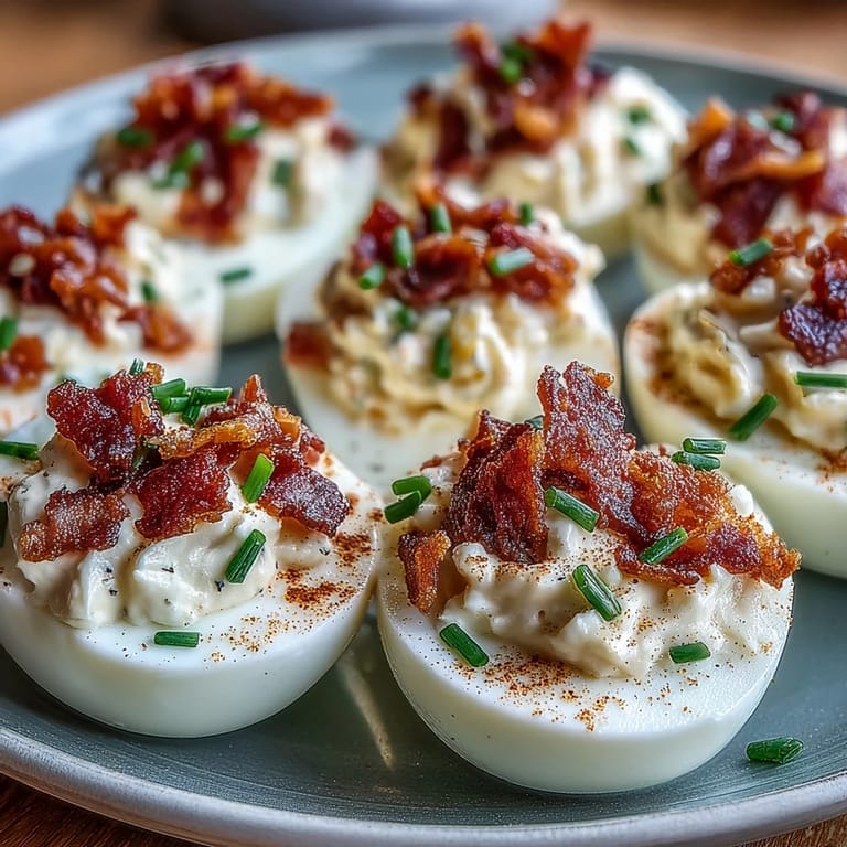 Deviled eggs with crumbled bacon and ranch dressing, garnished with fresh chives and paprika.  