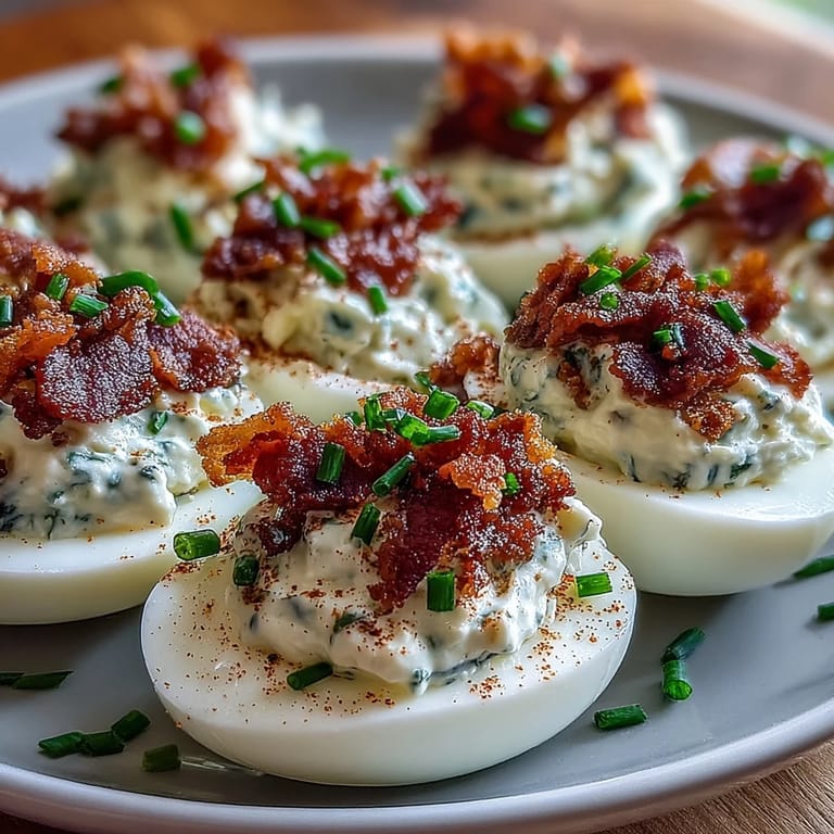 Creamy ranch deviled eggs topped with crispy bacon bits and a sprinkle of fresh chives.