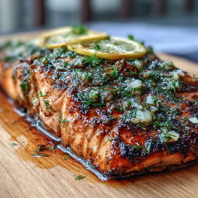 Juicy Cedar Plank Salmon with Garlic Dill, infused with garlic, dill, and lemon, grilled on cedar for rich, smoky flavor.