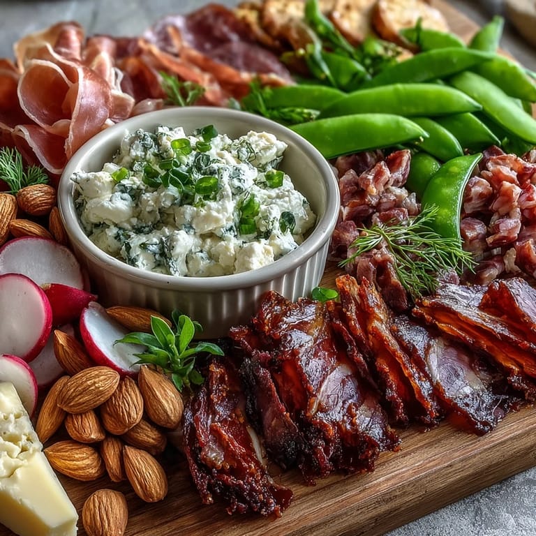 Colorful charcuterie board featuring radishes, peas, and herb dip alongside savory meats and cheeses.  
