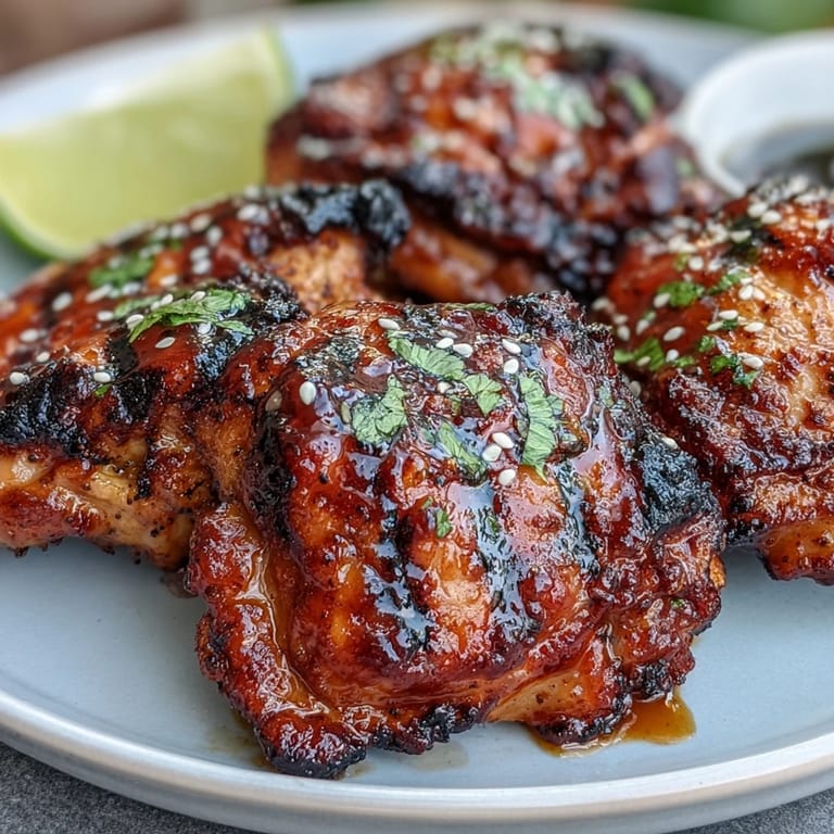 Sweet and spicy Honey Sriracha Grilled Chicken Thighs, perfectly charred and juicy, served with lime wedges for a zesty finish.