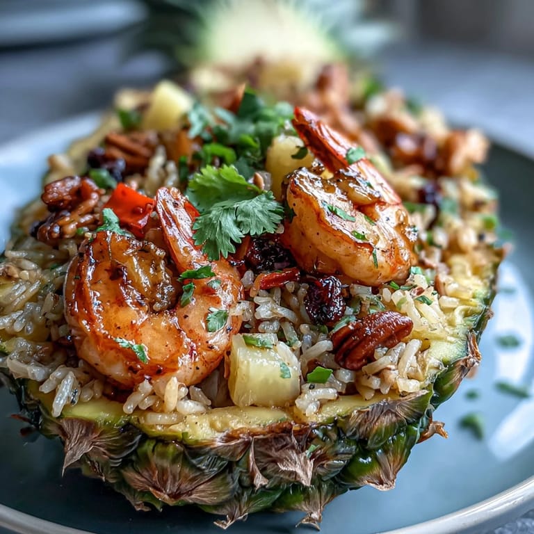 Juicy shrimp pineapple fried rice, a visually stunning Thai dish overflowing from a hollowed fruit shell.
