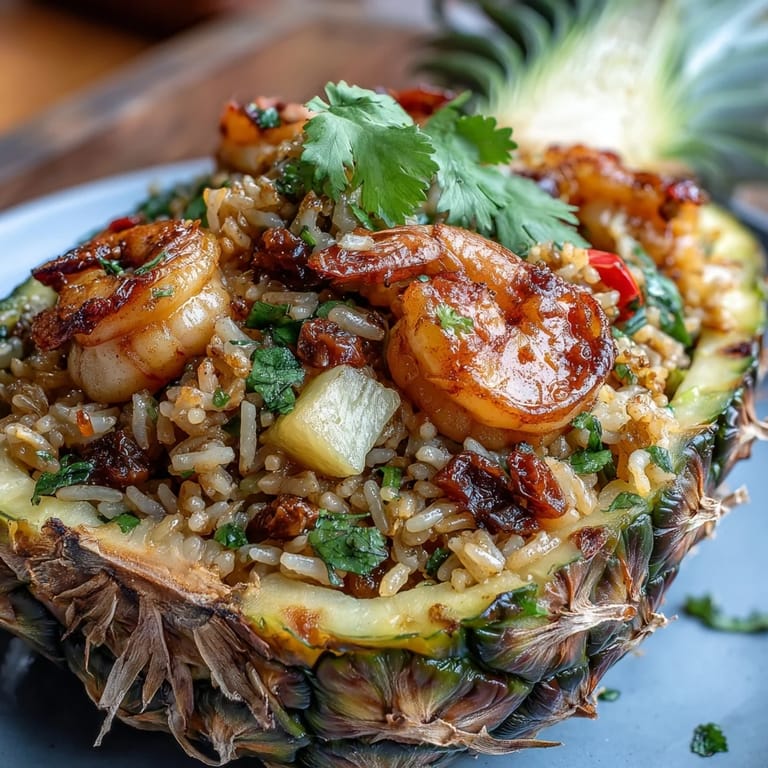 Savory pineapple fried rice with cashews and tender chicken, a delightful savory and sweet tropical meal.