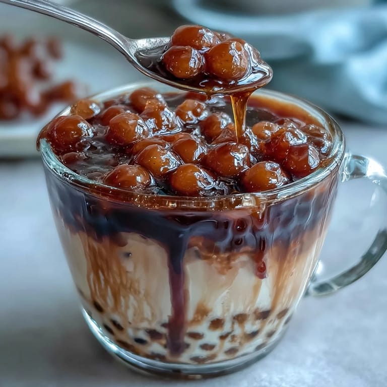 Creamy milk tea featuring homemade brown sugar boba, perfect for an iced treat.