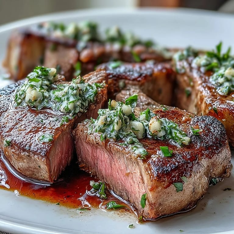 Close-up of tender lamb chops with a fresh, herbaceous parsley and lemon topping.